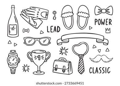 Elegant icon set with wine gloves glasses trophy watch briefcase tie tags classic crown ribbon bow tie line art monochrome hand drawn. Vector illustration.