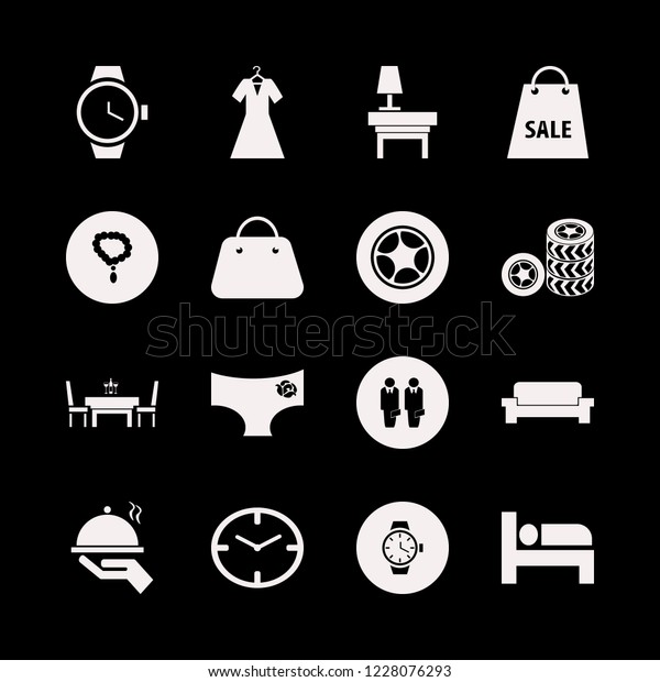 elegant icon. elegant vector icons set watch\
face, shopping bag, necklace and\
bed