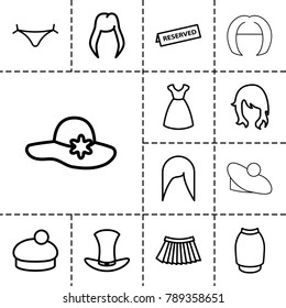 Elegant icons. set of 13 editable outline elegant icons such as woman hairstyle, panties with heart, dress, woman hat, skirt, hat