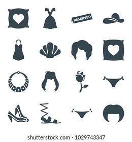 Elegant icons. set of 16 editable filled elegant icons such as pillow with heart on it, woman hairstyle, panties with heart, sandals, dress, rose, reserved, necklace, shell