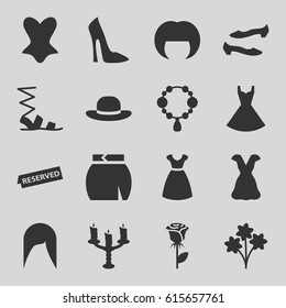 Elegant icons set. set of 16 elegant filled icons such as woman hairstyle, necklace, woman shoe, dress, sandals, shoe, corset, skirt, woman hat, rose, reserved, candlestick