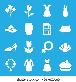 Elegant icons set. set of 16 elegant filled icons such as rose, female, necklace, woman hat, dress, skirt, woman shoe, sim card, shell, tulip