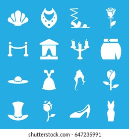 Elegant icons set. set of 16 elegant filled icons such as rose, woman hairstyle, necklace, sandals, skirt, dress, woman hat, woman shoe, hat, candlestick, red carpet, shell