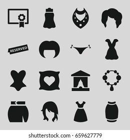 Elegant icons set. set of 16 elegant filled icons such as pillow with heart on it, woman hairstyle, panties with heart, necklace, dress, corset, skirt, reserved, diploma