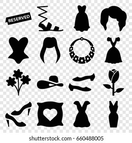 Elegant icons set. set of 16 elegant filled icons such as rose, pillow with heart on it, woman hairstyle, sandals, shoe, corset, dress, woman hat, reserved, necklace