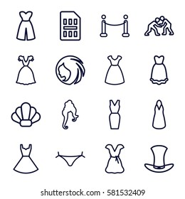 elegant icons set. Set of 16 elegant outline icons such as woman hairstyle, panties with heart, dress, hat, red carpet, sim card, shell