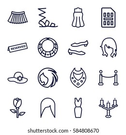 elegant icons set. Set of 16 elegant outline icons such as rose, woman hairstyle, woman hat, necklace, sandals, shoe, skirt, dress, reserved, candlestick, red carpet