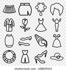 Elegant icons set. set of 16 elegant outline icons such as rose, woman hairstyle, necklace, woman hat, shoe, dress, skirt, dancing woman