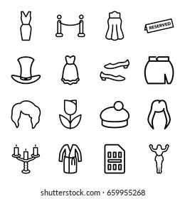 Elegant icons set. set of 16 elegant outline icons such as woman hairstyle, shoe, dress, skirt, woman hat, dancing woman, hat, reserved, candlestick, red carpet, sim card