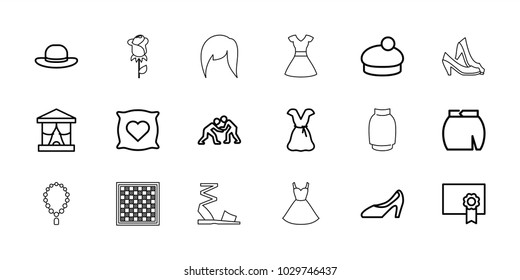 Elegant icons. set of 18 editable outline elegant icons: pillow with heart on it, skirt, dress, woman hat, stage, woman shoe, judo, diploma, woman hairstyle, necklace, sandals