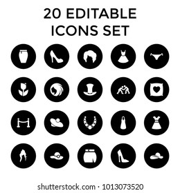 Elegant icons. set of 20 editable filled elegant icons such as woman hairstyle, woman shoe, woman hat, dress, skirt, tulip, hat. best quality elegant elements in trendy style.