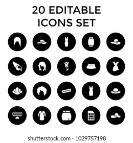 Elegant icons. set of 20 editable filled elegant icons such as woman hairstyle, woman hat, dress, skirt, reserved, sim card. best quality elegant elements in trendy style.