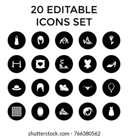 Elegant icons. set of 20 editable filled elegant icons such as pillow with heart on it, woman hairstyle, panties with heart, corset, dress, skirt, woman hat, rose, chess board