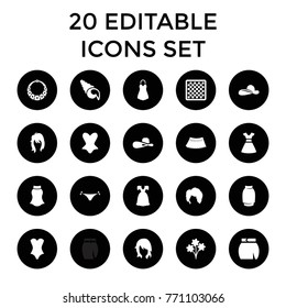 Elegant icons. set of 20 editable filled elegant icons such as woman hairstyle, panties with heart, corset, skirt, woman hat, chess board, bouquet, necklace, shell