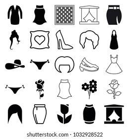 Elegant icons. set of 25 editable filled and outline elegant icons such as woman hairstyle, panties with heart, dress, skirt, woman hat, tulip, pillow with heart on it