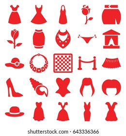 Elegant icons set. set of 25 elegant filled icons such as rose, woman hairstyle, panties with heart, woman shoe, dress, woman hat, necklace, corset, skirt, red carpet, shell
