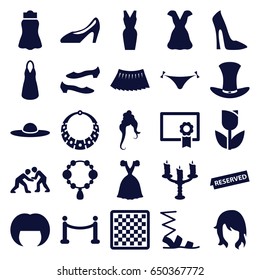 Elegant icons set. set of 25 elegant filled icons such as woman hairstyle, panties with heart, necklace, woman shoe, sandals, shoe, dress, skirt, woman hat, hat, reserved