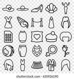 Elegant icons set. set of 25 elegant outline icons such as pillow with heart on it, woman hairstyle, female, woman hat, necklace, dress, skirt, rose, red carpet, sim card
