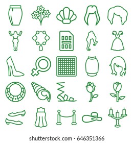 Elegant icons set. set of 25 elegant outline icons such as rose, woman hairstyle, female, necklace, woman shoe, sandals, shoe, skirt, dress, candlestick, red carpet, sim card