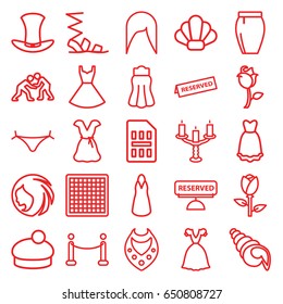 Elegant icons set. set of 25 elegant outline icons such as rose, woman hairstyle, panties with heart, necklace, sandals, dress, skirt, woman hat, hat, reserved, candlestick