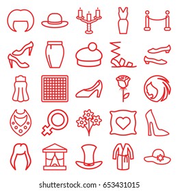 Elegant icons set. set of 25 elegant outline icons such as pillow with heart on it, woman hairstyle, female, woman shoe, woman hat, necklace, sandals, shoe, dress, skirt, hat