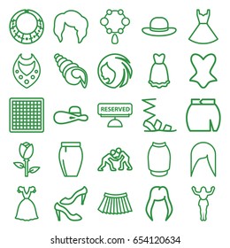 Elegant icons set. set of 25 elegant outline icons such as rose, woman hairstyle, necklace, sandals, shoe, corset, skirt, dress, woman hat, dancing woman, reserved, shell