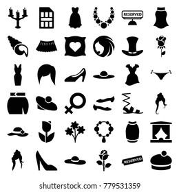 Elegant icons. set of 36 editable filled elegant icons such as pillow with heart on it, woman hairstyle, panties with heart, necklace, sandals, shoe, skirt, dress, woman hat