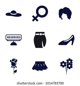 Elegant icons. set of 9 editable filled elegant icons such as woman shoe, reserved, female, woman hairstyle, skirt, woman hat, rose