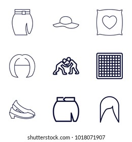 Elegant icons. set of 9 editable outline elegant icons such as woman hairstyle, skirt, chess board, judo, pillow with heart on it, woman hat