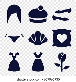 Elegant icons set. set of 9 elegant filled icons such as rose, pillow with heart on it, woman hairstyle, panties with heart, dress, shoe, woman hat