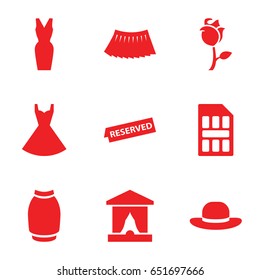 Elegant icons set. set of 9 elegant filled icons such as skirt, dress, woman hat, rose, reserved, sim card