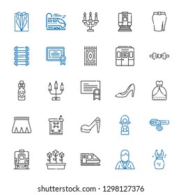 elegant icons set. Collection of elegant with dress, groom, train, tulips, collar, lantern, high heels, carpet, skirt, wedding dress, certificate. Editable and scalable elegant icons.