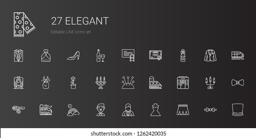 elegant icons set. Collection of elegant with skirt, wedding dress, groom, rainbow, train, collar, cushion, candelabra, tulip, dress, wine bottle. Editable and scalable elegant icons.