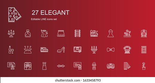 elegant icons set. Collection of elegant with train, lantern, certificate, bow tie, dress, candelabra, high heels, cushion, wine bottle, wedding dress. Editable and scalable elegant icons.