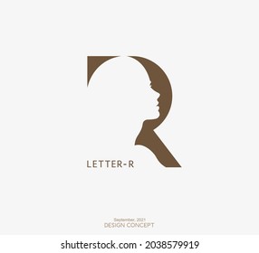 Elegant idea silhouette of a woman head with letter R for logo and symbol. Vector