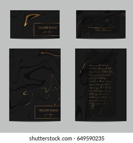 Elegant identity kit. Abstract background with stationary liquid effect, marbled ink splash, hand drawn texture and gold foil elements for business card, poster, flayer, cover, voucher