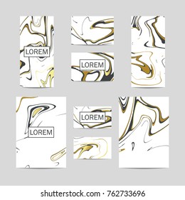 Elegant identity kit. Abstract background with with grey and gold liquid effect, marbled ink splash, hand drawn texture and gold foil elements for business card, poster, flayer, cover, voucher