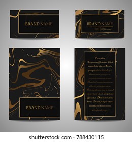 Elegant identity kit. Abstract background with liquid effect, marbled ink splash and faux golden foil elements. Vector graphic design for decorators, artists, stylists and more