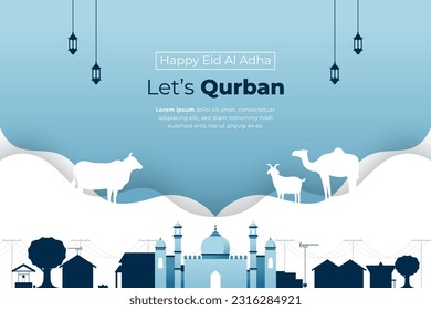 Elegant Idul Adha Theme Design and Illustration: Mosque, Lantern, Cow, Goat, and Camel