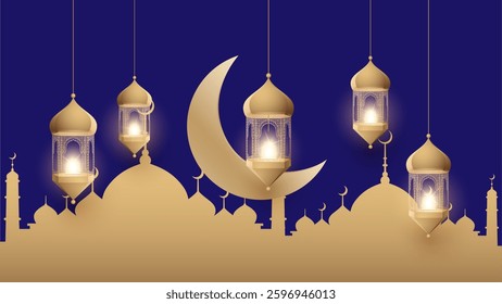 Elegant Idul Fitri Graphic Design with Islamic Patterns, Crescent Moon, Mosque Silhouette, Lanterns, and Festive Green-Gold Theme for Eid Mubarak Celebration, Greeting Cards, and Banners.