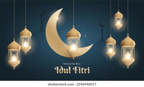 Elegant Idul Fitri Graphic Design with Islamic Patterns, Crescent Moon, Mosque Silhouette, Lanterns, and Festive Green-Gold Theme for Eid Mubarak Celebration, Greeting Cards, and Banners.