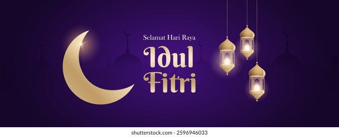 Elegant Idul Fitri Graphic Design with Islamic Patterns, Crescent Moon, Mosque Silhouette, Lanterns, and Festive Green-Gold Theme for Eid Mubarak Celebration, Greeting Cards, and Banners.