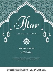 Elegant Iftar invitation template with a white Islamic arch frame, hanging lanterns, and geometric star patterns on a green background.