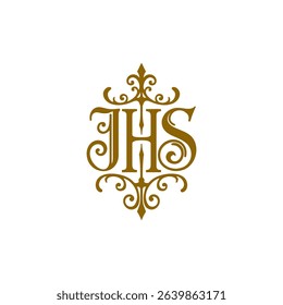 Elegant IHS Monogram with Laurel Wreath Symbol in Gold on White Background.
