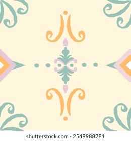 Elegant Ikat-Inspired Design with Symmetrical Flourishes and Pastel Accents in Mint, Orange, and Lavender Decorative Pattern for Textiles, Wallpaper, and Artistic Home Decor