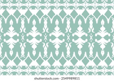 Elegant Ikat-Inspired Pattern with Floral Motifs, Swirling Borders, and Geometric Accents in Mint Green and White Decorative Design for Textiles, Wallpaper, and Home Decor