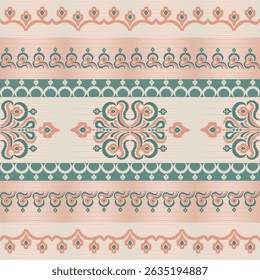 Elegant ikat-inspired textile designs in peach, mint, and cream tones. Perfect for saree fabric borders, ethnic patterns, and traditional Indian textile projects.