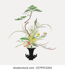 Elegant ikebana arrangement with diverse flowers and a slender branch in a vase. Ikebana art emphasizes balance and harmony. Traditional Japanese floral design. Vintage flower illustration, vector.