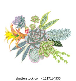 Elegant ikebana bouquet watercolor imitation of succulent, rose, cactus , air plant, Bromelia, aloe, vera, Houseplant  set. Wedding pastel flowers. All elements are made of real plants and editable.