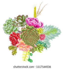 Elegant ikebana bouquet watercolor imitation of succulent, rose, cactus , air plant, Bromelia, aloe, vera, Houseplant  set. Wedding pastel flowers. All elements are made of real plants and editable.